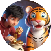 Ilustração de um rapaz contando moedas ao lado de um tigre