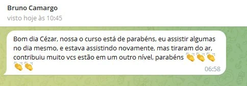 Mensagem de Bruno Camargo no Telegram parabenizando o curso