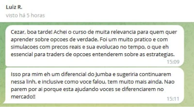 Mensagem de Luiz R. no Telegram sobre as aulas práticas com preços reais