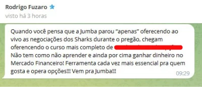 Mensagem de Rodrigo Fuzaro no Telegram elogiando o curso e as ferramentas da Jumba
